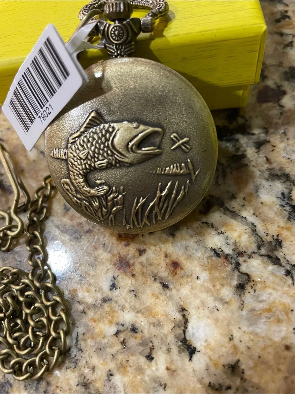Invicta Brass-Tone Fish Embossed Pocket Watch with Chain